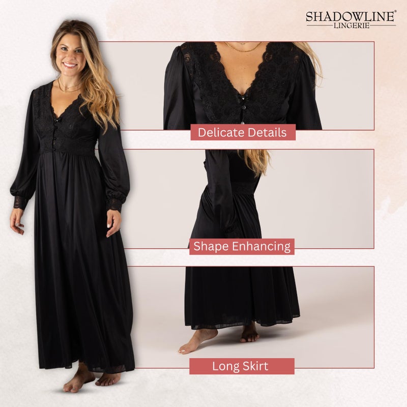 Shadowline Womenâ€™s Blackâ€¯Long Lace Bodice Button Down Robeâ€¯ |â€¯ (Medium), 54â€ Length Robe |â€¯ Elegant Sleepwear Crafted from Lightly-Shimmering Satintrique Nylon and Soft Stretch lace. - Image 3